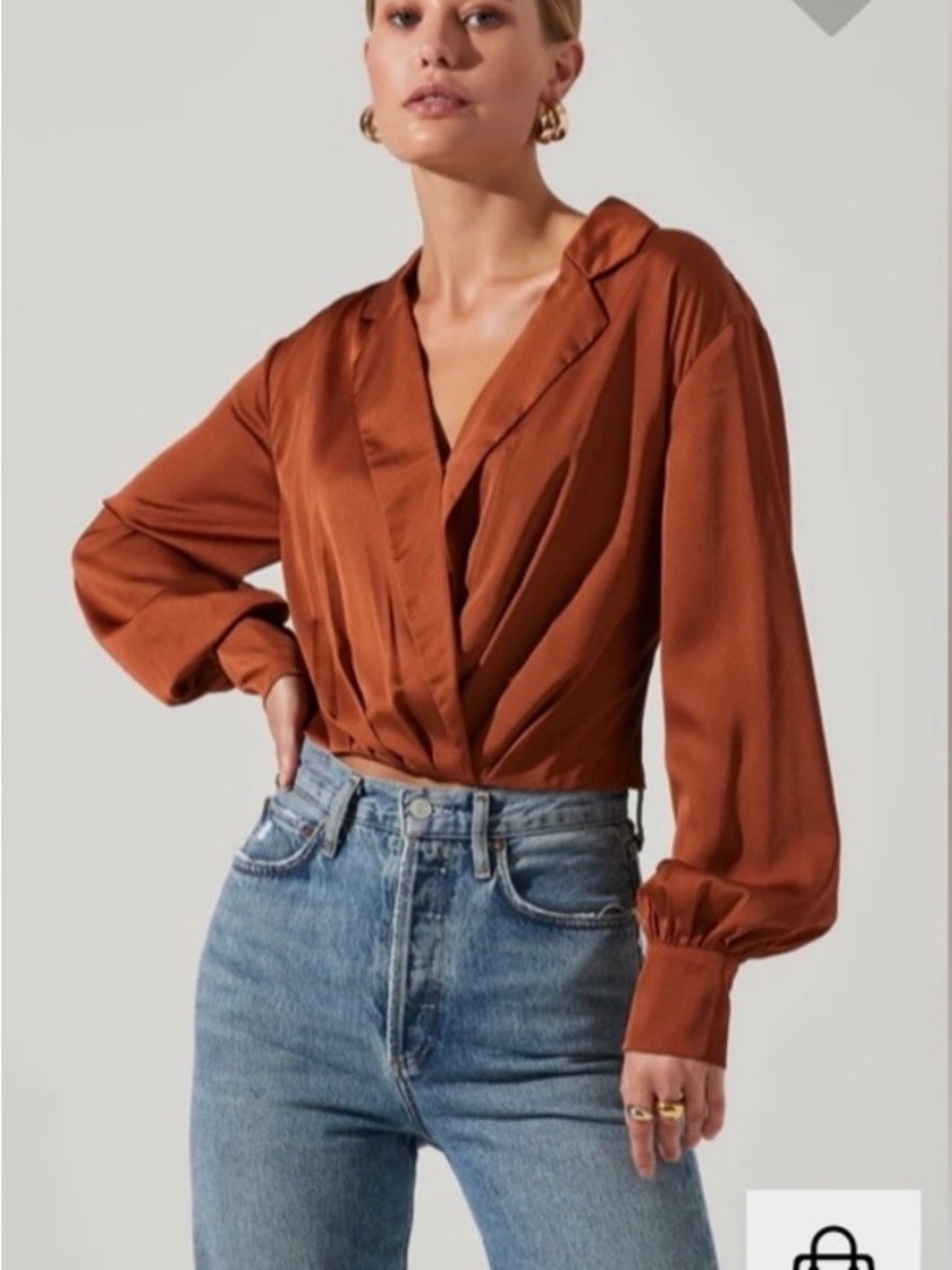 ASTR the Label Rust Satin Wrap-Style Blouse